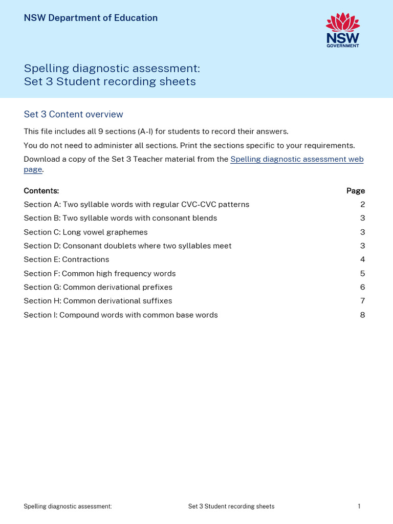 Spelling Diagnostic Student Set 3 Pdf Word Syllable