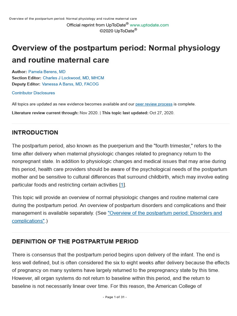 Overview of The Postpartum Period Normal Physiology and Routine ...