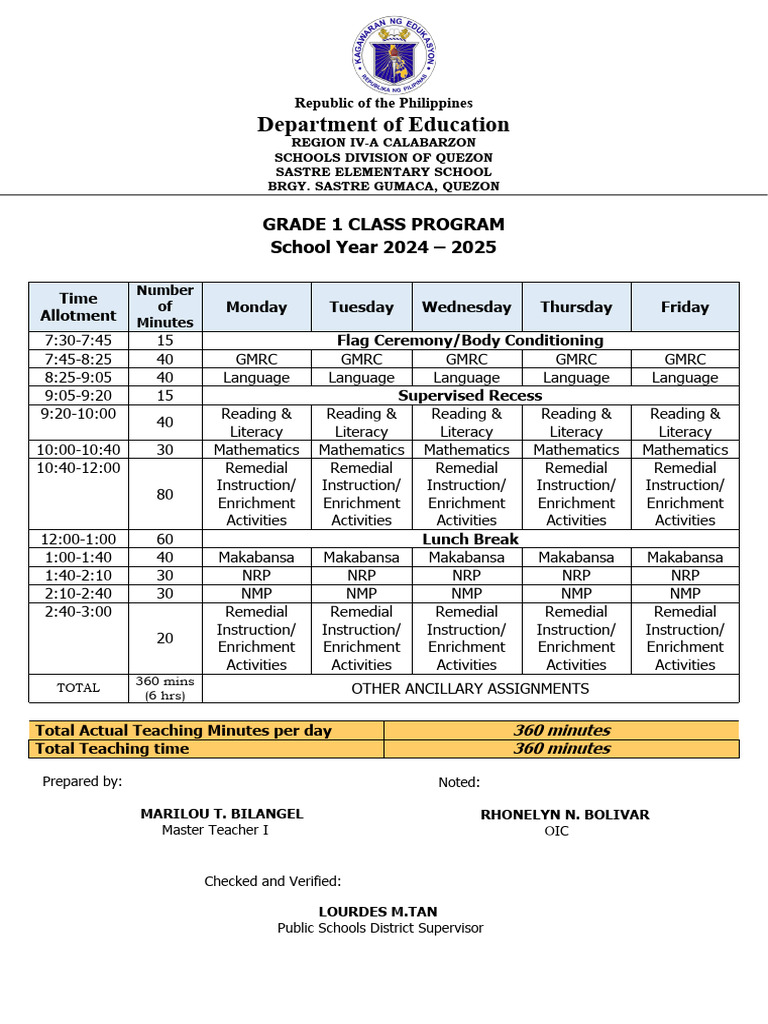 Grade 1 Class Program 2024-2025 | PDF | Cognition | Behavior Modification