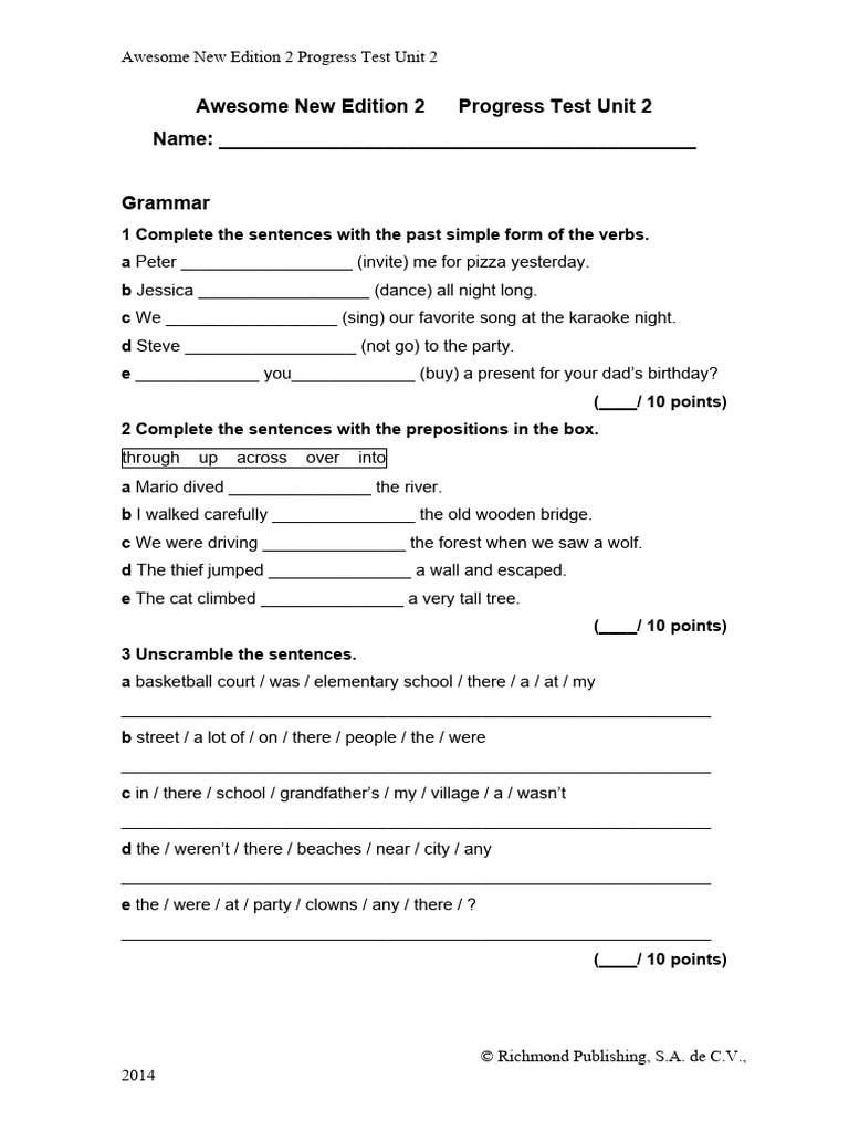 Progress Test Unit 2 for Awesome New Edition 2 | PDF | Language Arts ...