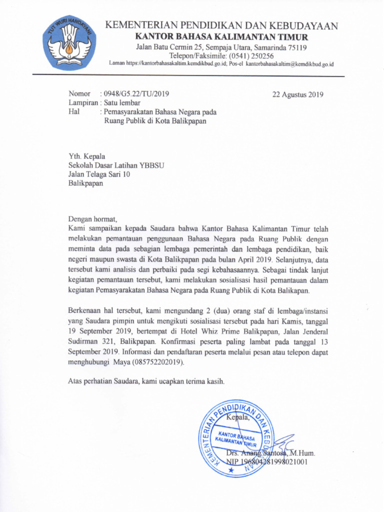 Surat kementrian pendidikan dan kebudayaan kantor bahasa kalimantan