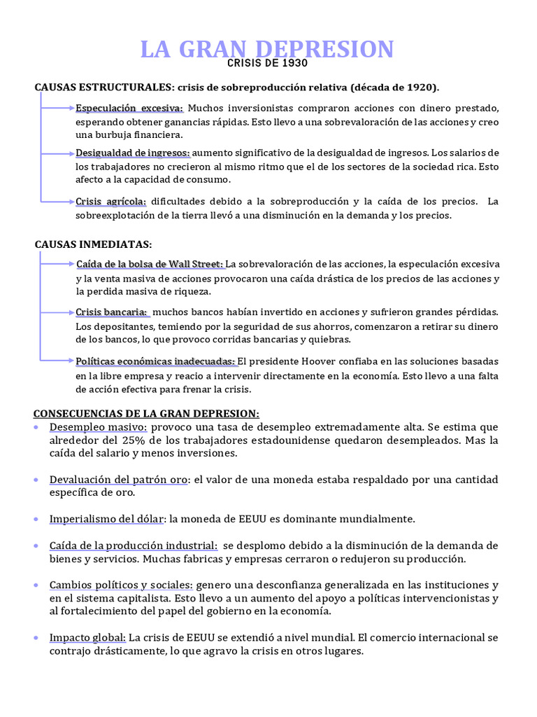 Causas y Consecuencias de la Gran Depresión | PDF | Gran depresion ...