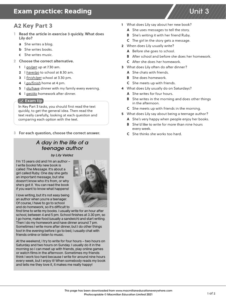 A1PLUS U3 Exam Practice Reading | PDF