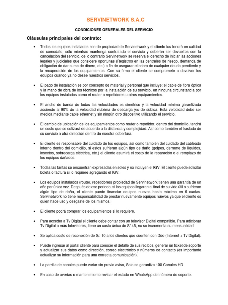 Condiciones del Servicio de Servinetwork | PDF | Finanzas y dinero ...