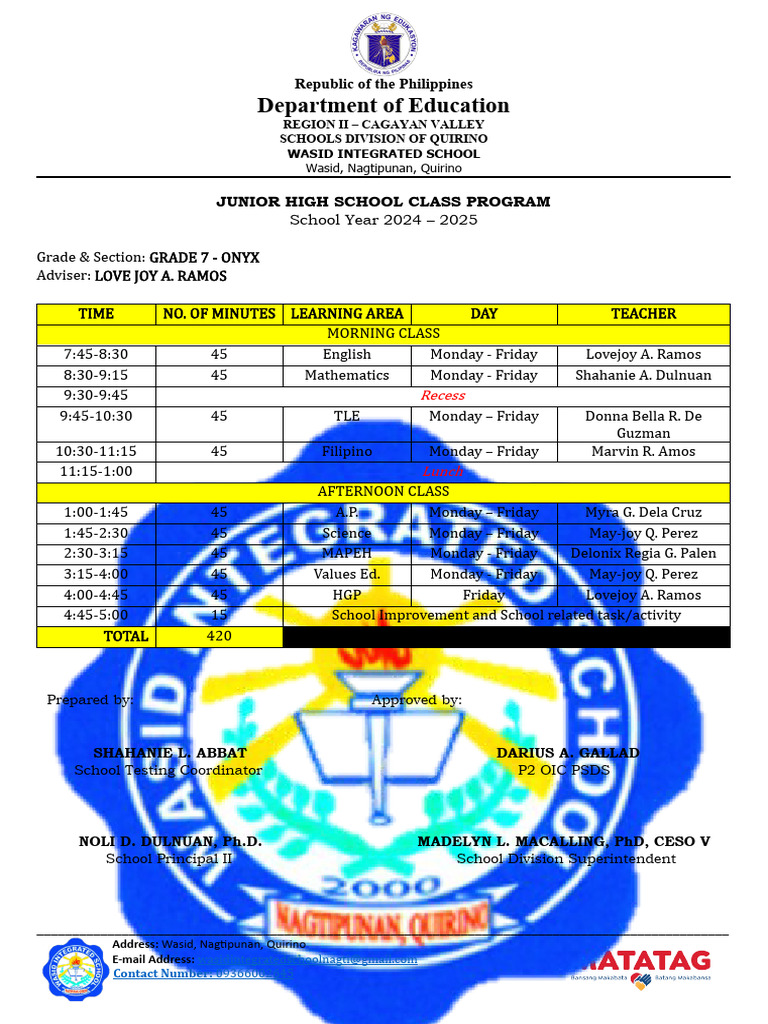Junior High School Class Program 2024-2025 | PDF | Teachers | Curriculum
