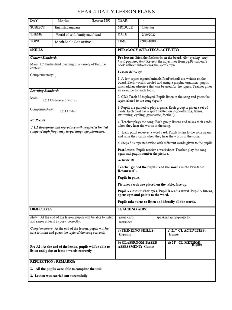 Year 4 daily lesson plans pdf lesson plan teachers