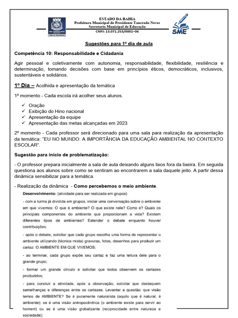 Sugestões para o 1º Dia de Aula | PDF
