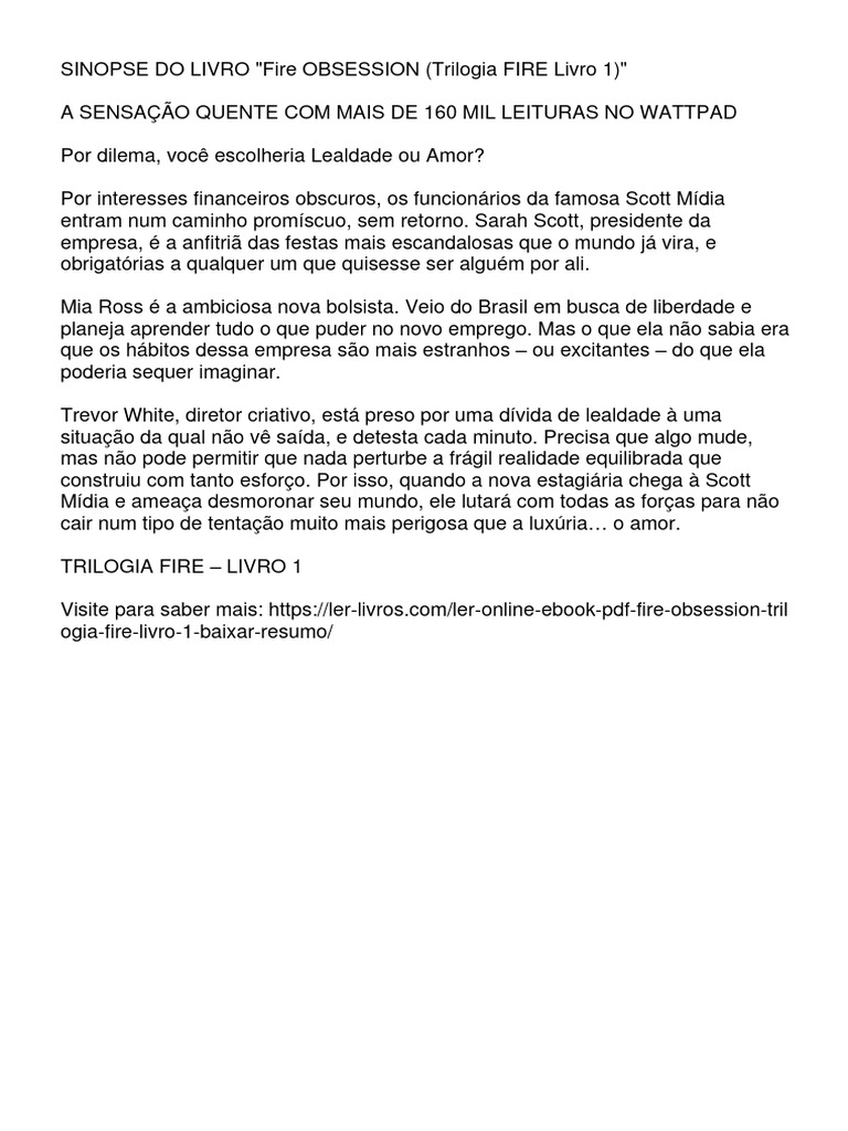 Sinopse de Fire Obsession - Livro 1 | PDF