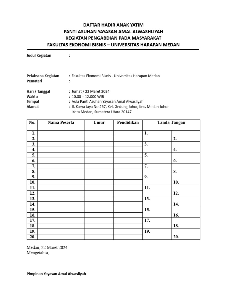 Daftar Hadir Anak Yatim Medan | PDF
