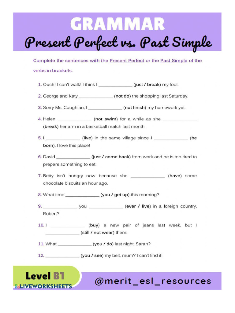 PRESENT PERFECT VS PAST SIMPLE EXERCISES ADVANCED PDF visual data 3