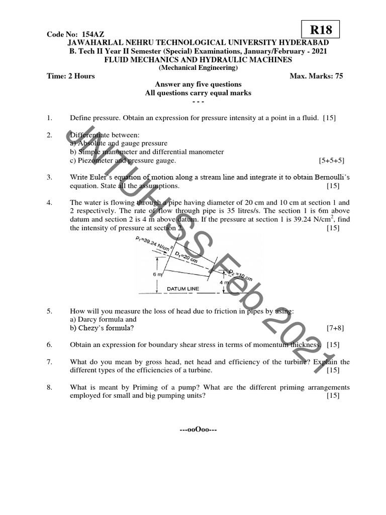Fluid Mechanics Exam Questions JNTUH | PDF | Pressure Measurement ...