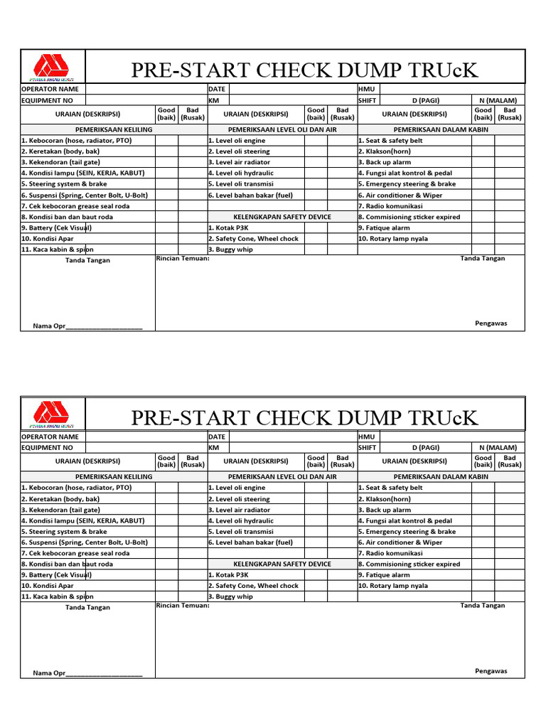 Formulir Pemeriksaan Dump Truck | PDF