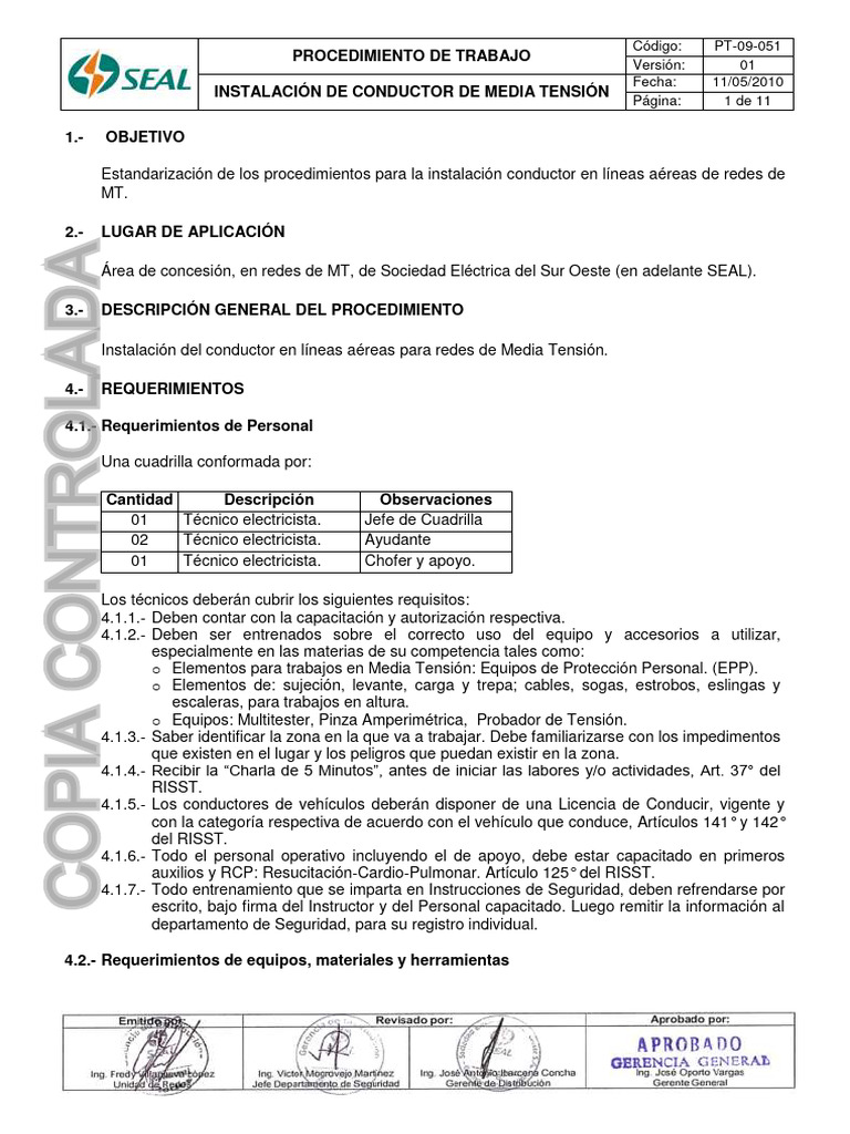 Instalación de Conductor MT: Procedimiento | PDF | Ingenieria Eléctrica ...