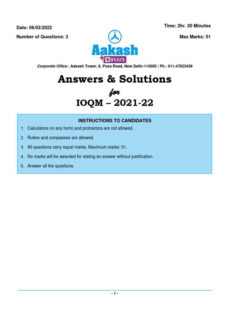 IOQM 2021-22 Answer Key and Solutions | PDF | Triangle | Elementary ...