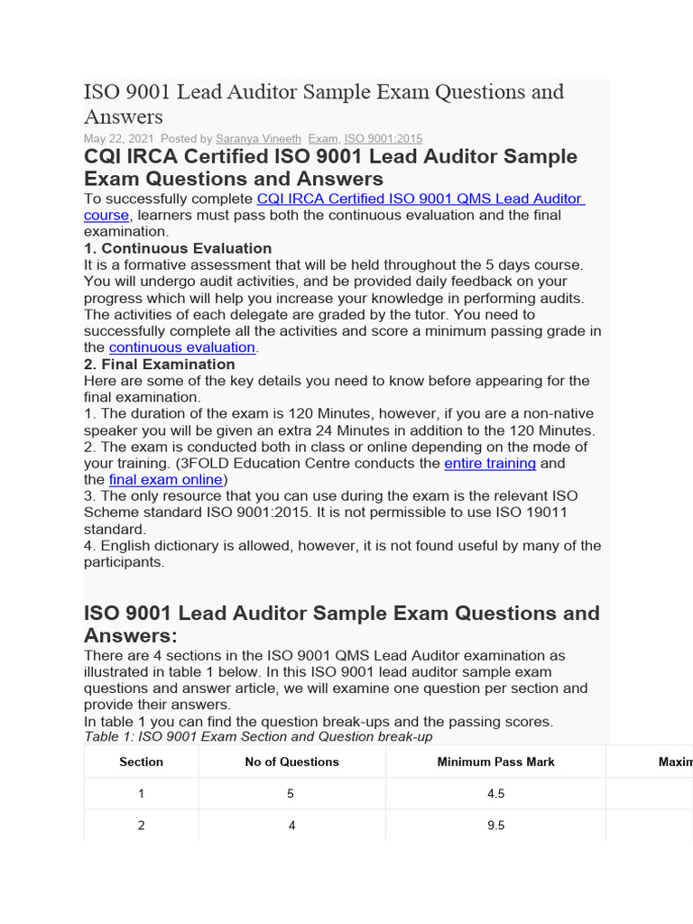 ISO 9001 Lead Auditor Exam Guide | PDF | Audit | Business
