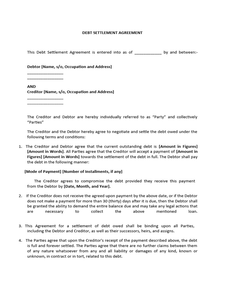 Debt Settlement Agreement Template | PDF | Debtor | Debt