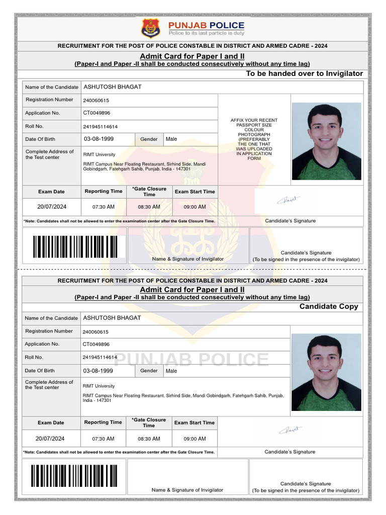 Police Constable Exam Admit Card | PDF | Identity Document