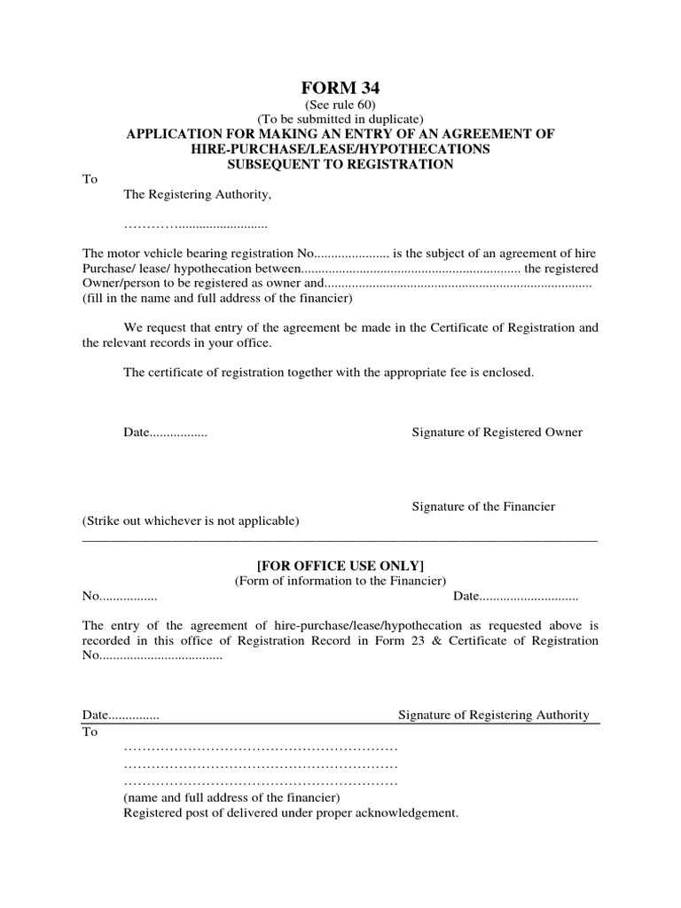 Form 34: Hire-Purchase Agreement Application | PDF | Business