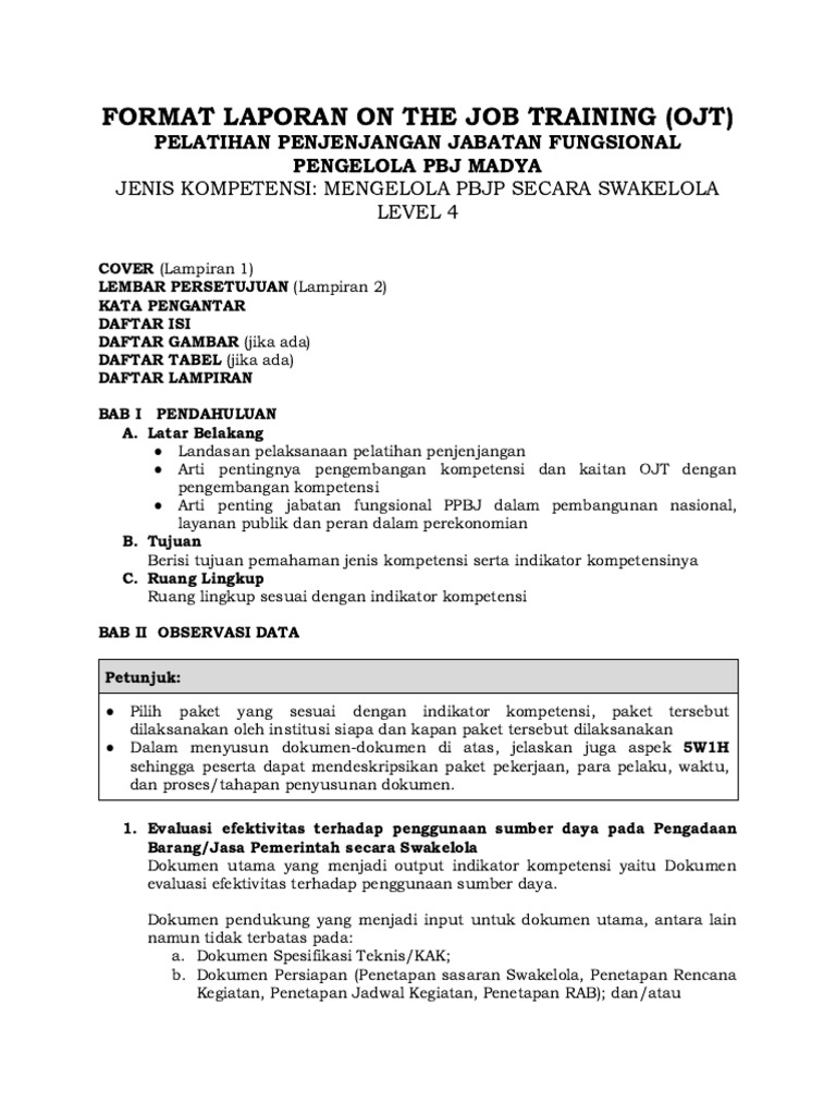 Format Laporan Ojt Jf Madya 2023 Jk 4 Mengelola Pbjp Secara Swakelola