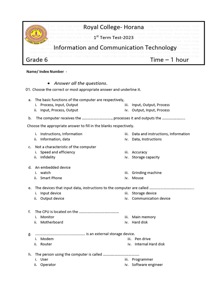 Grade 06 ICT 1st Term Test Paper 2023 English Medium Royal College ...