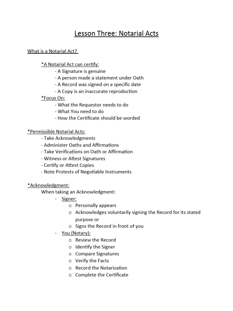 Lesson Three Notarial Acts Pdf Notary Public Signature