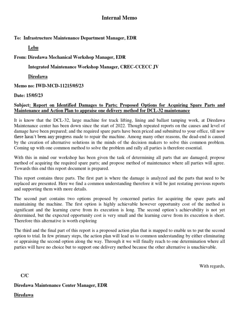 Report For Appraisal of Delivery Method For DCL-32 Maintenance | PDF ...