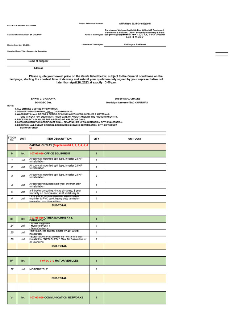 Kalilangan Bukidnon Capital Outlay RFQ | PDF | Air Conditioning