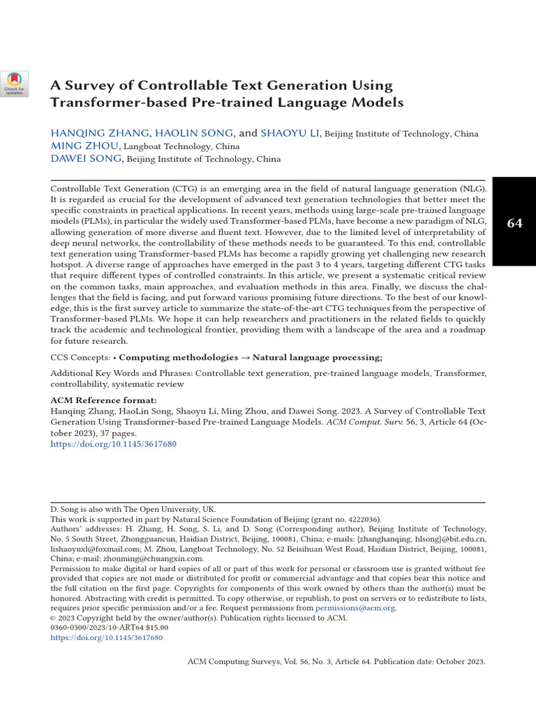 A Survey of Controllable Text Generation Using Transformer-Based Pre ...