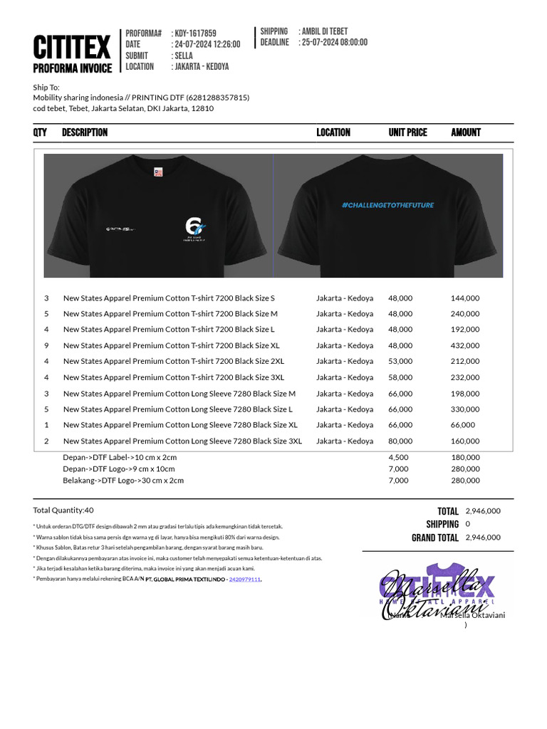 Proforma Invoice Sablon Kaos Tebet | PDF