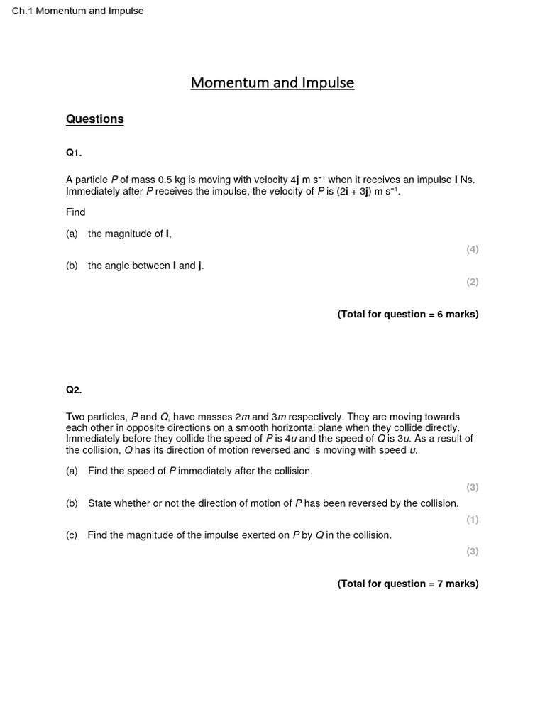 Momentum and Impulse Problem Set | PDF | Collision | Momentum