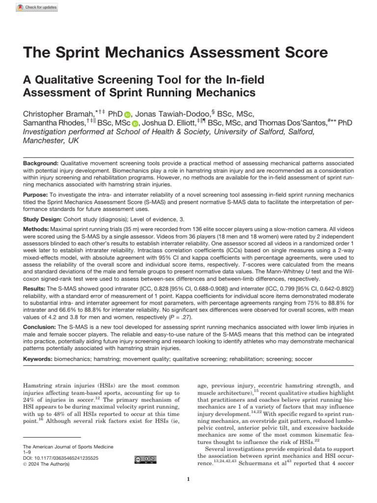 Sprint Mechanics Assessment Score (S-MAS) | PDF | Pelvis | Standard ...