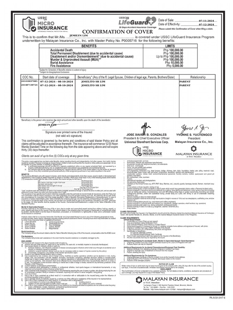 Lifeguard Insurance Confirmation | PDF