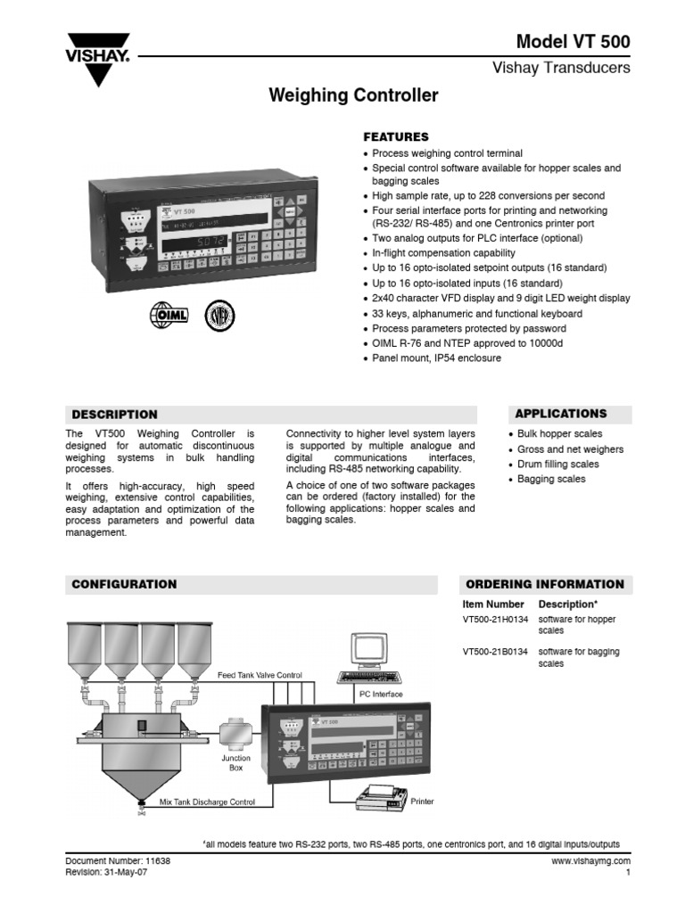 VT 500 Weighing Controller Overview | PDF | Analog To Digital Converter ...