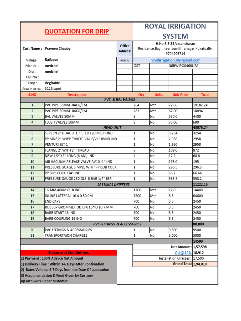 Drip Irrigation Quotation Details | PDF | Pipe (Fluid Conveyance ...