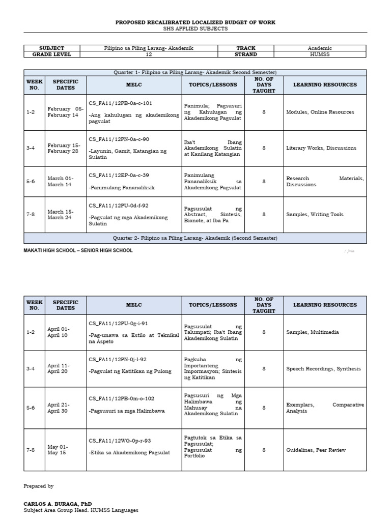 Filipino sa Piling Larang Curriculum Guide | PDF