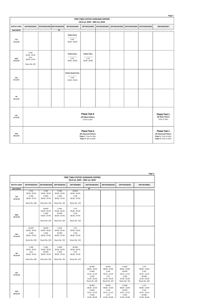 Time table 23 07 2024 to 28 07 2024 revised pdf standardized tests