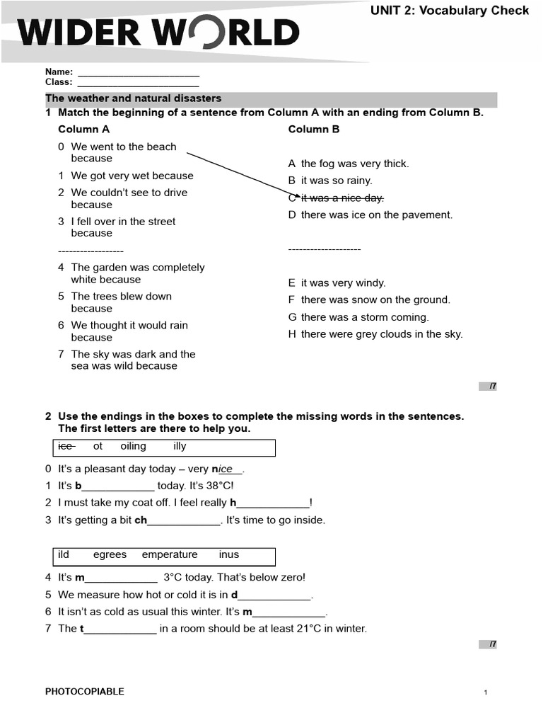 Wider World 3 Vocabulary Check U2 SLD | PDF | Natural Disasters | Snow