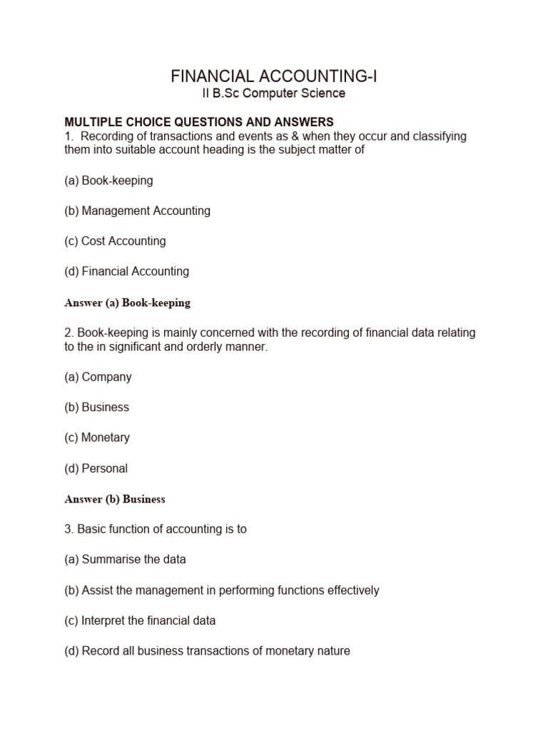 Financial Accounting MCQs for B.Sc. Students | PDF | Depreciation ...