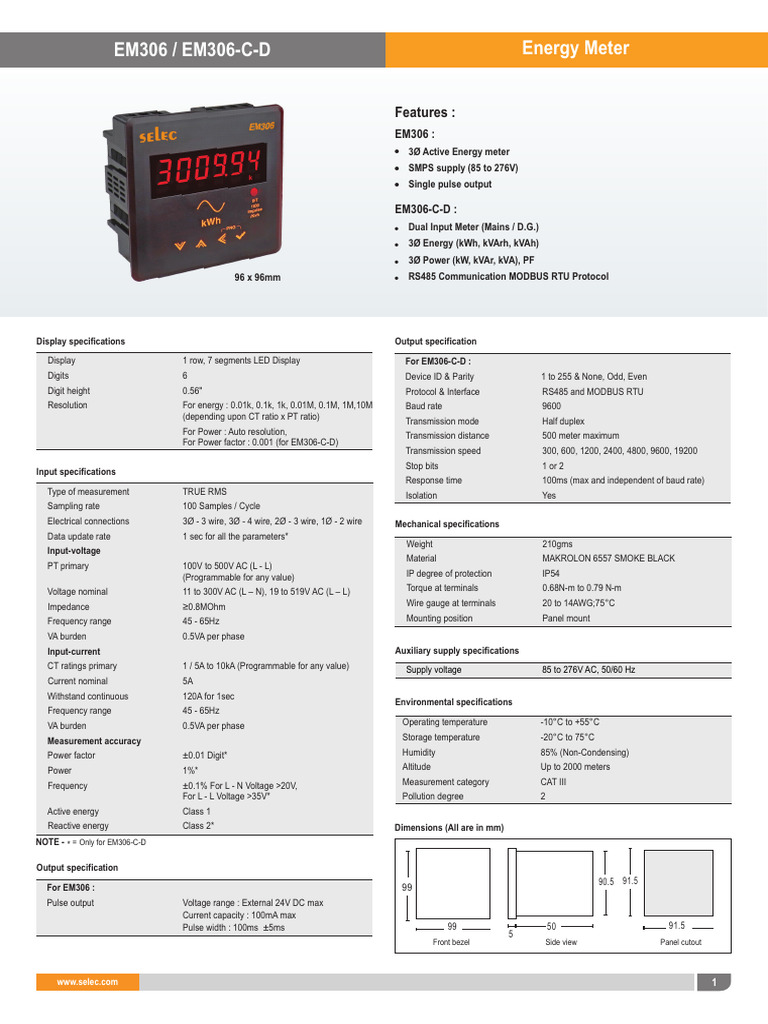 EM306 Energy Meter Specifications | PDF | Alternating Current | Mains ...