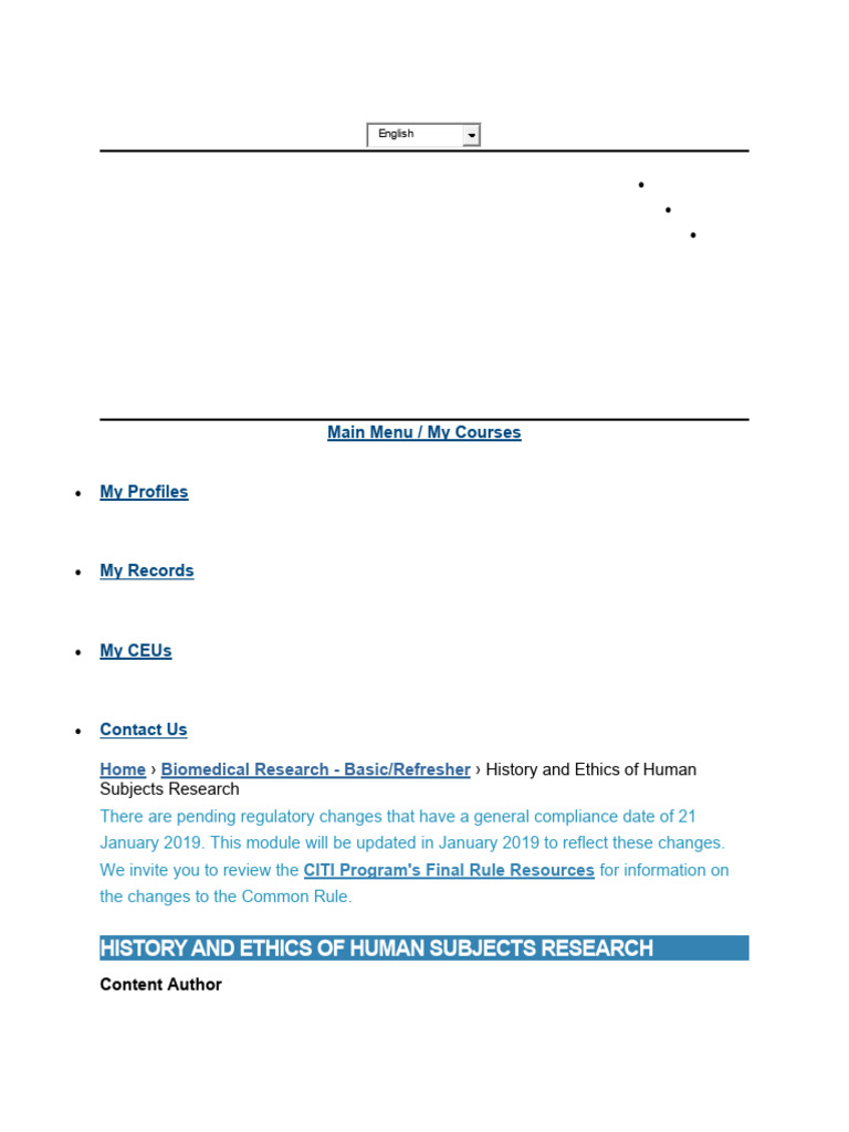Citi History and Ethics of Human Subjects Research PDF