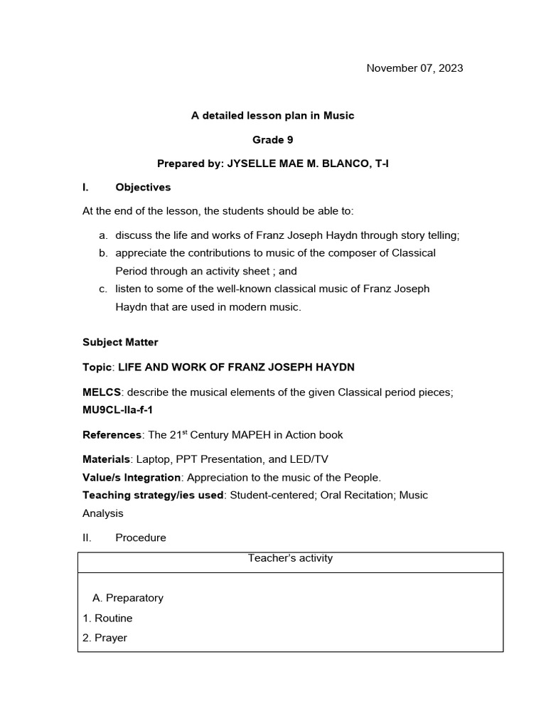 Lesson Plan Mapeh 9 Nov 6 | PDF | String Quartet | Classical Period (Music)