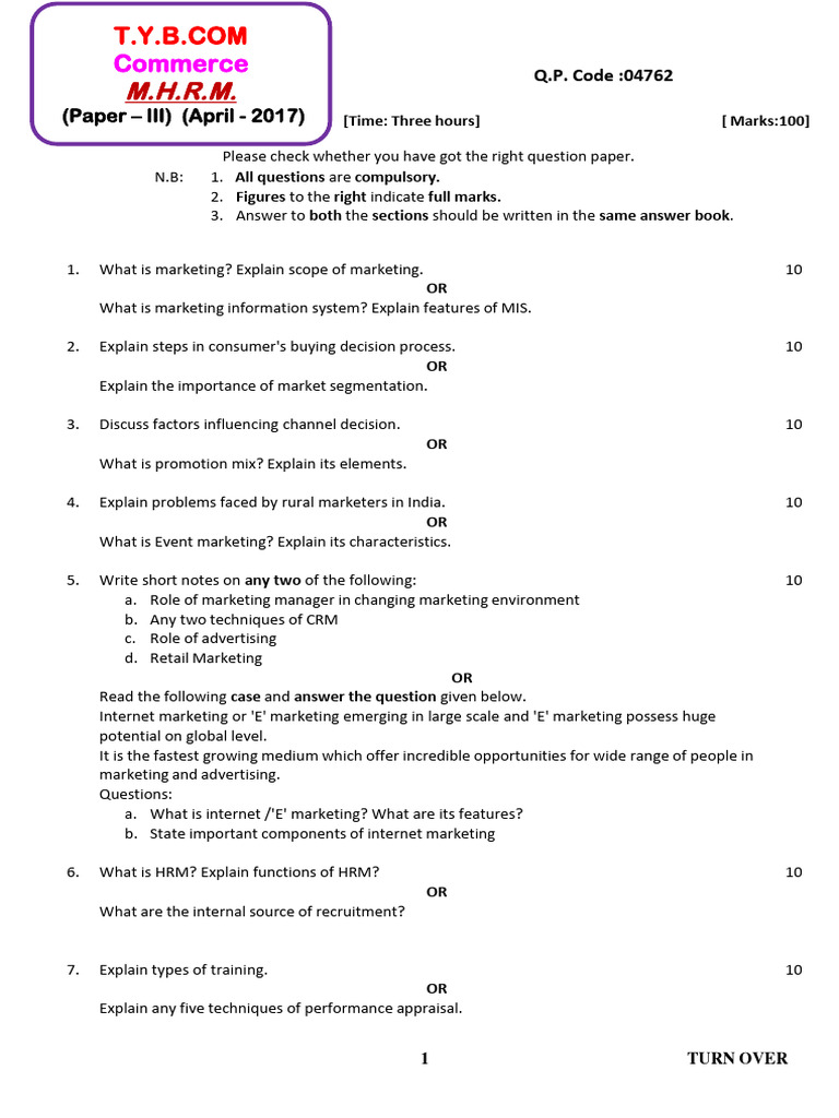 Commerce Paper III - Marketing and Human Resource Management - 00004762 ...