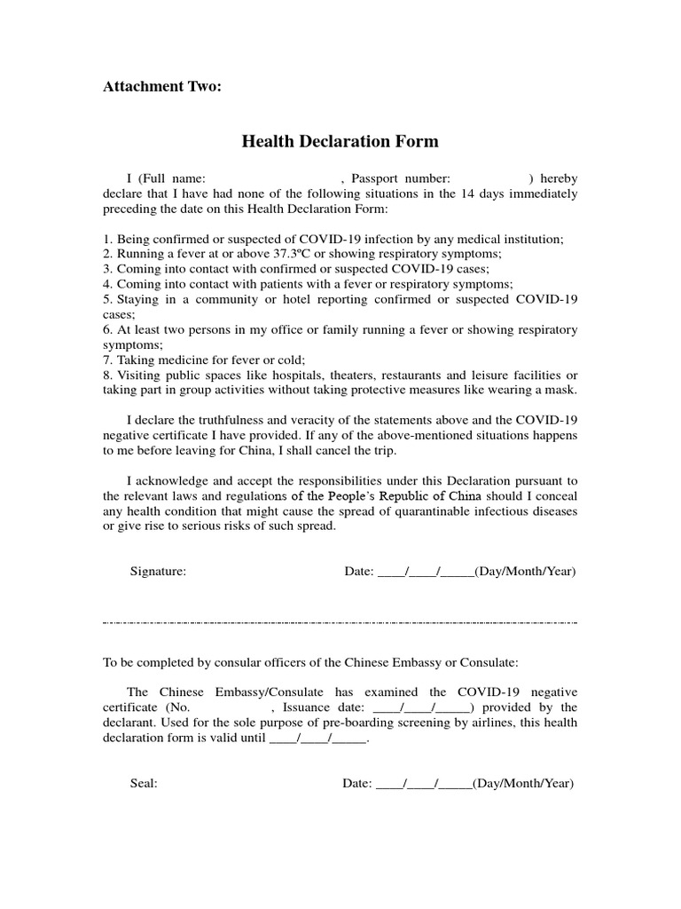 Health Declaration for Travel to China | PDF