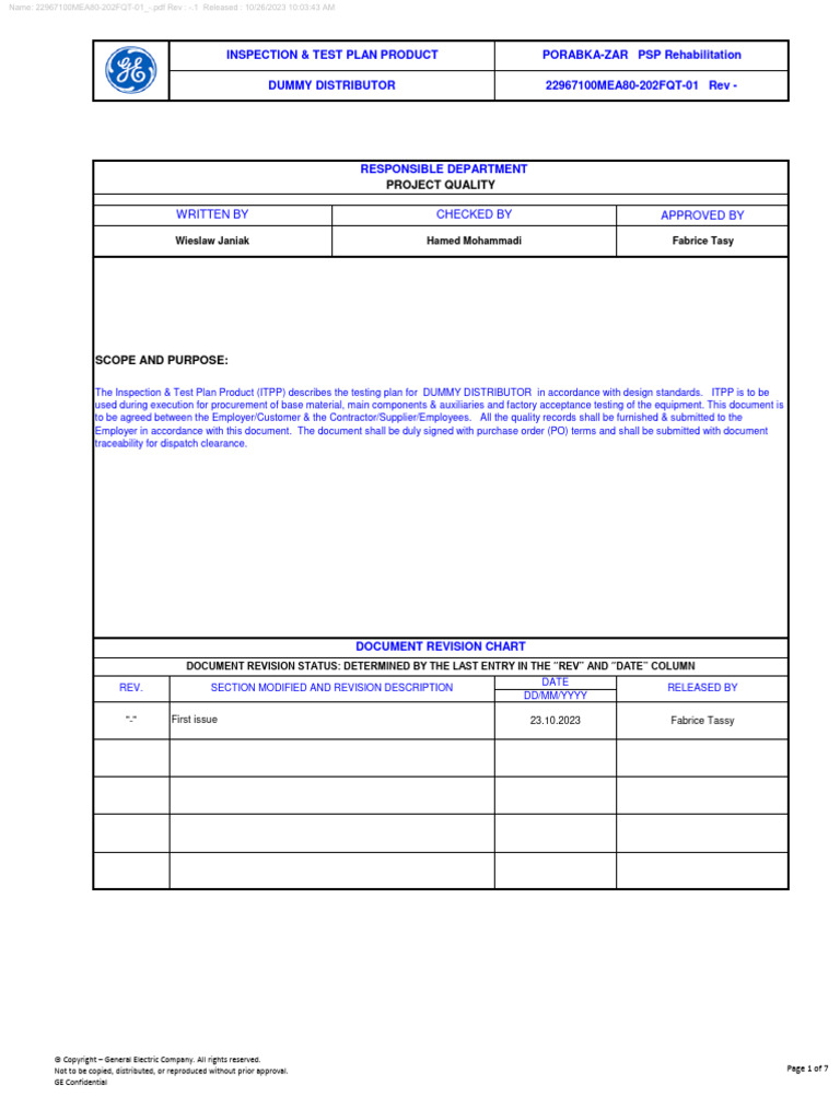 Inspection & Test Plan for Dummy Distributor | PDF | Nondestructive ...