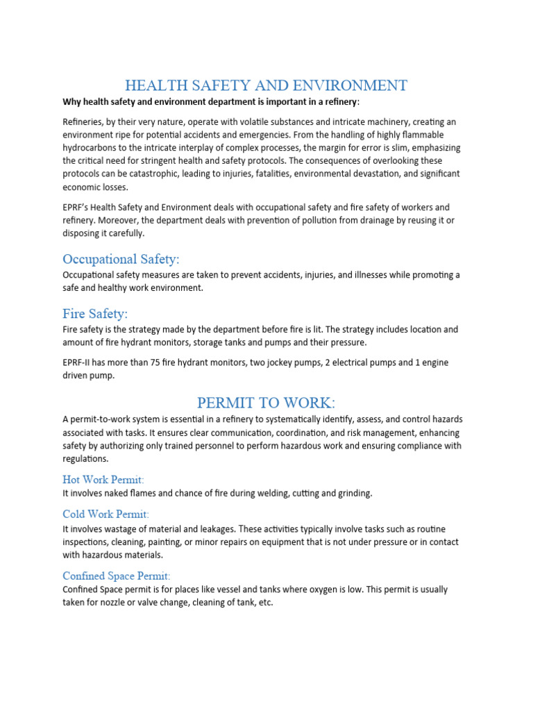 Refinery Health, Safety, and Environment Guide | PDF | Occupational ...