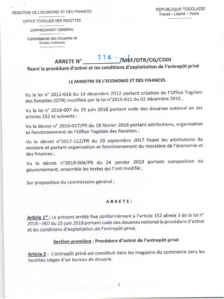 Arrete 114 2020 MEF OTR Procedure Octroi Et Conditions Exploitation ...