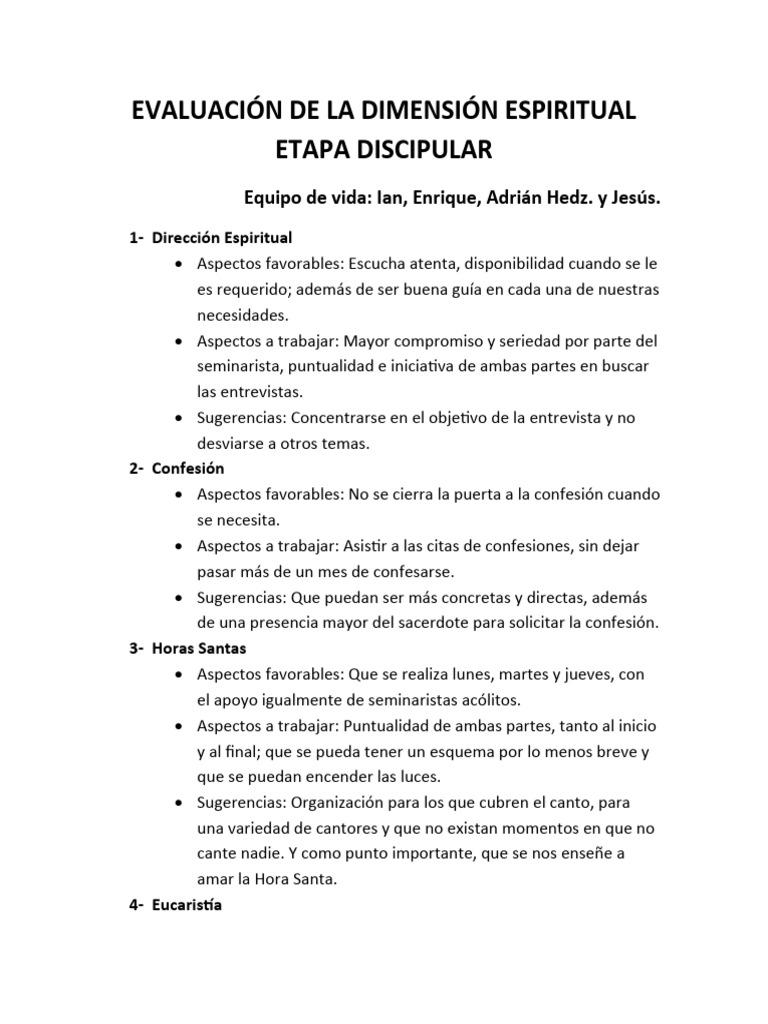 Evaluación de La Dimensión Espiritual Etapa Discipular | PDF | Oración ...