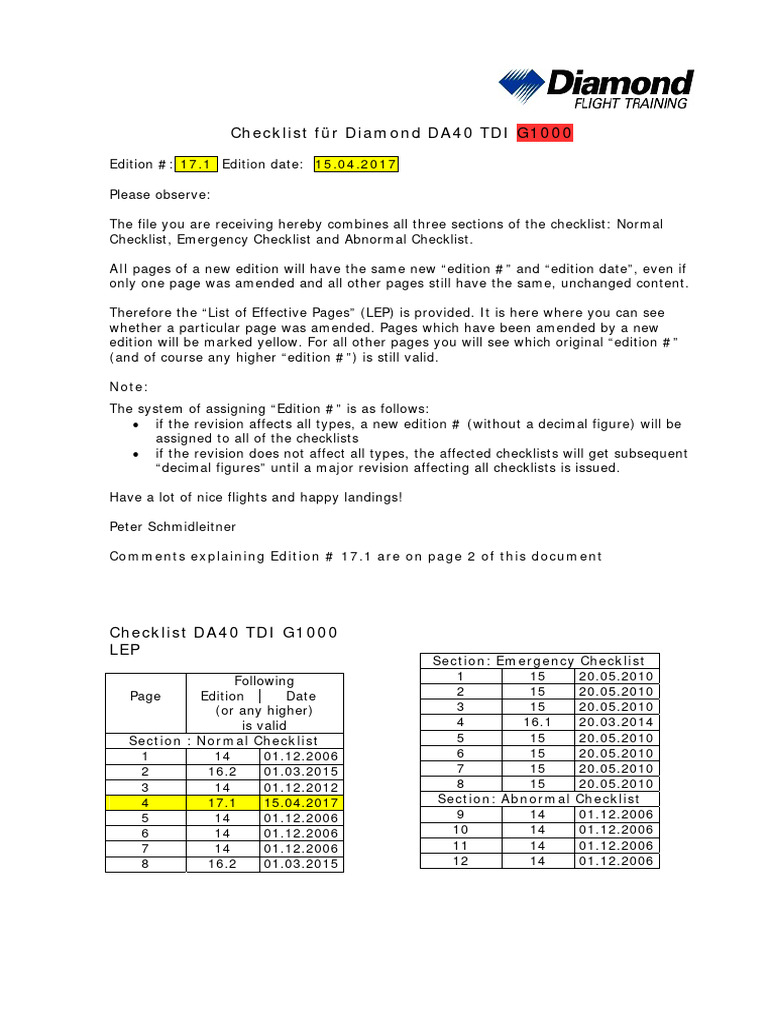 DA40_TDI_G1000_Checklist_Edit17_1_A4 | PDF | Aviation | Aircraft