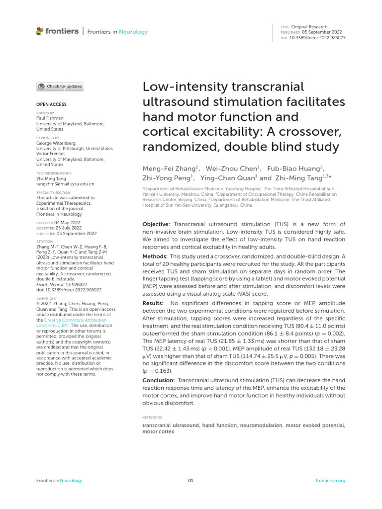 Low-Intensity Transcranial Ultrasound Stimulation Facilitates Hand ...