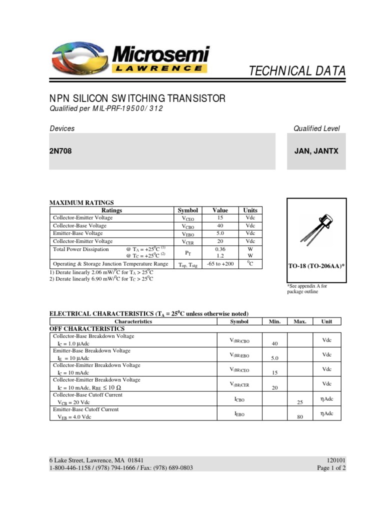 2N708 NPN Transistor Technical Data | PDF